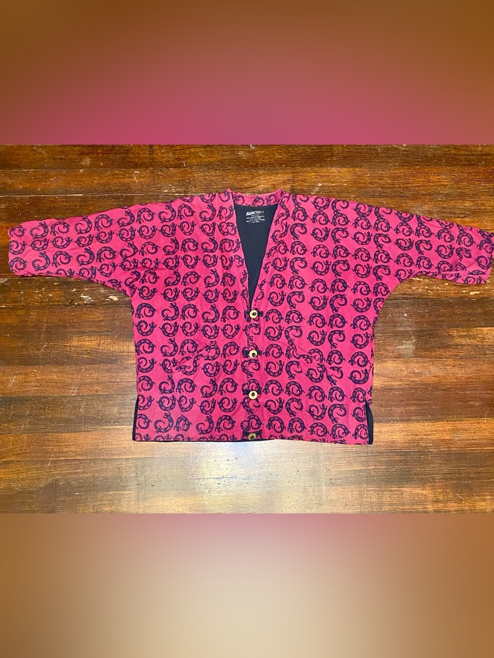 Vintage AsiaCraft Textiles Coin Button Lizard 100% Cotton Kimono Style Jacket